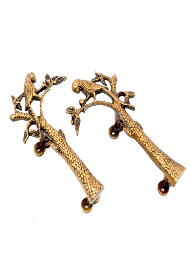 Two Moustaches Brass Parrot on Tree Design 8 Inches Brass Door Handle Pair, Door Handles for Home Decor, Door Pull Handles, Handleset, Handles for Wooden Door, Standard Size; Antique Yellow Pack of 2 - Image 1